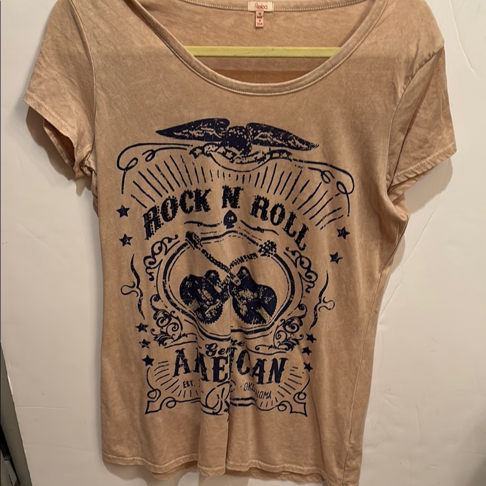 NWT Reba Tan Rock N Roll Graphic Tee guitars western American country M